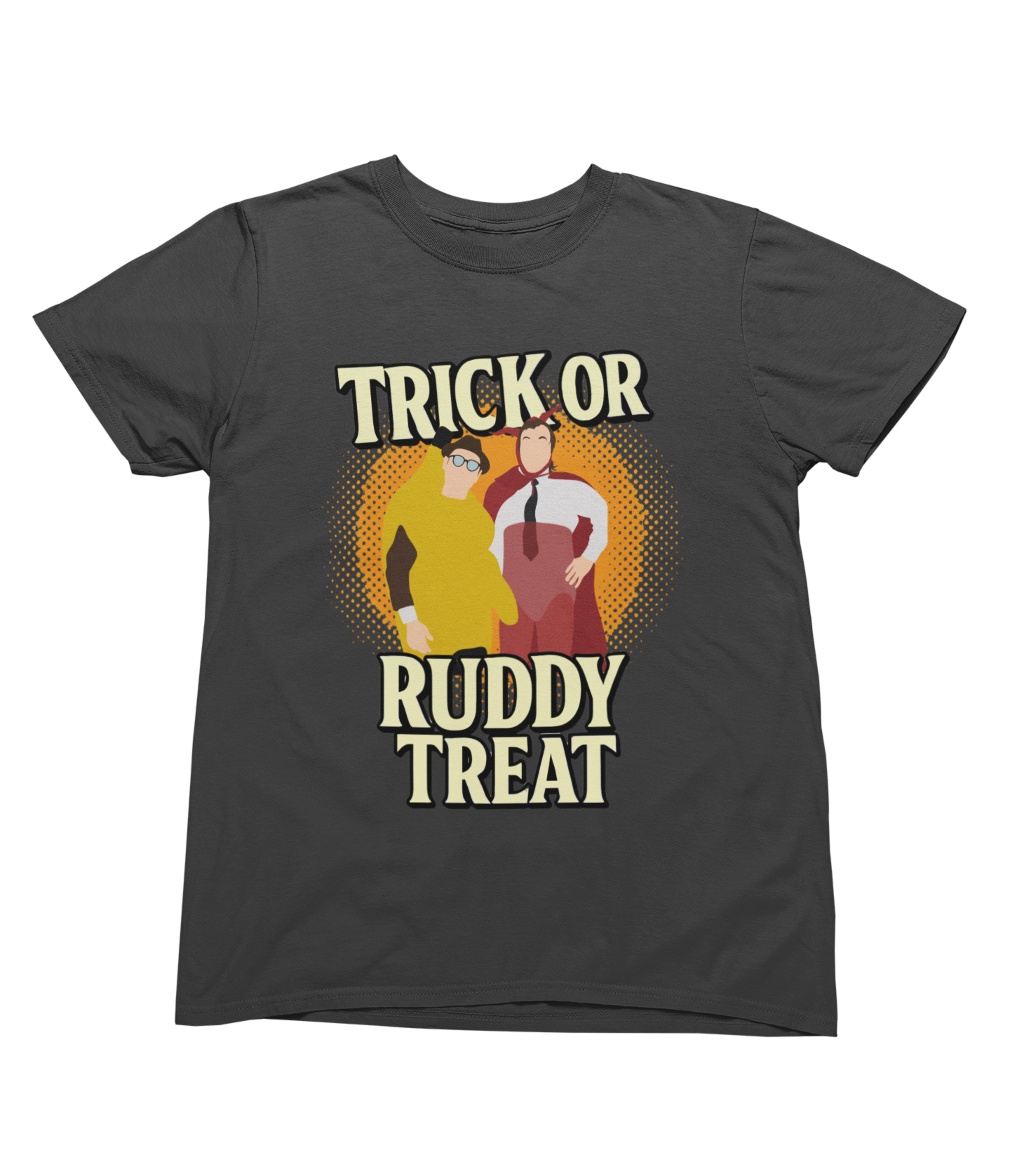 Black t-shirt with 'Trick or Ruddy Treat' graphic design on a white background
