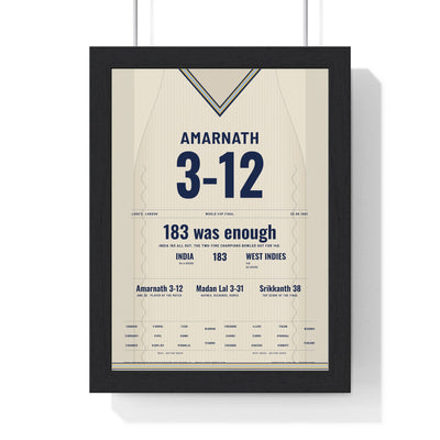 Mohinder Amarnath Lord's 1983 Cricket World Cup Final Poster - 3-12 Jumper Print framed in a black frame, ready to hang