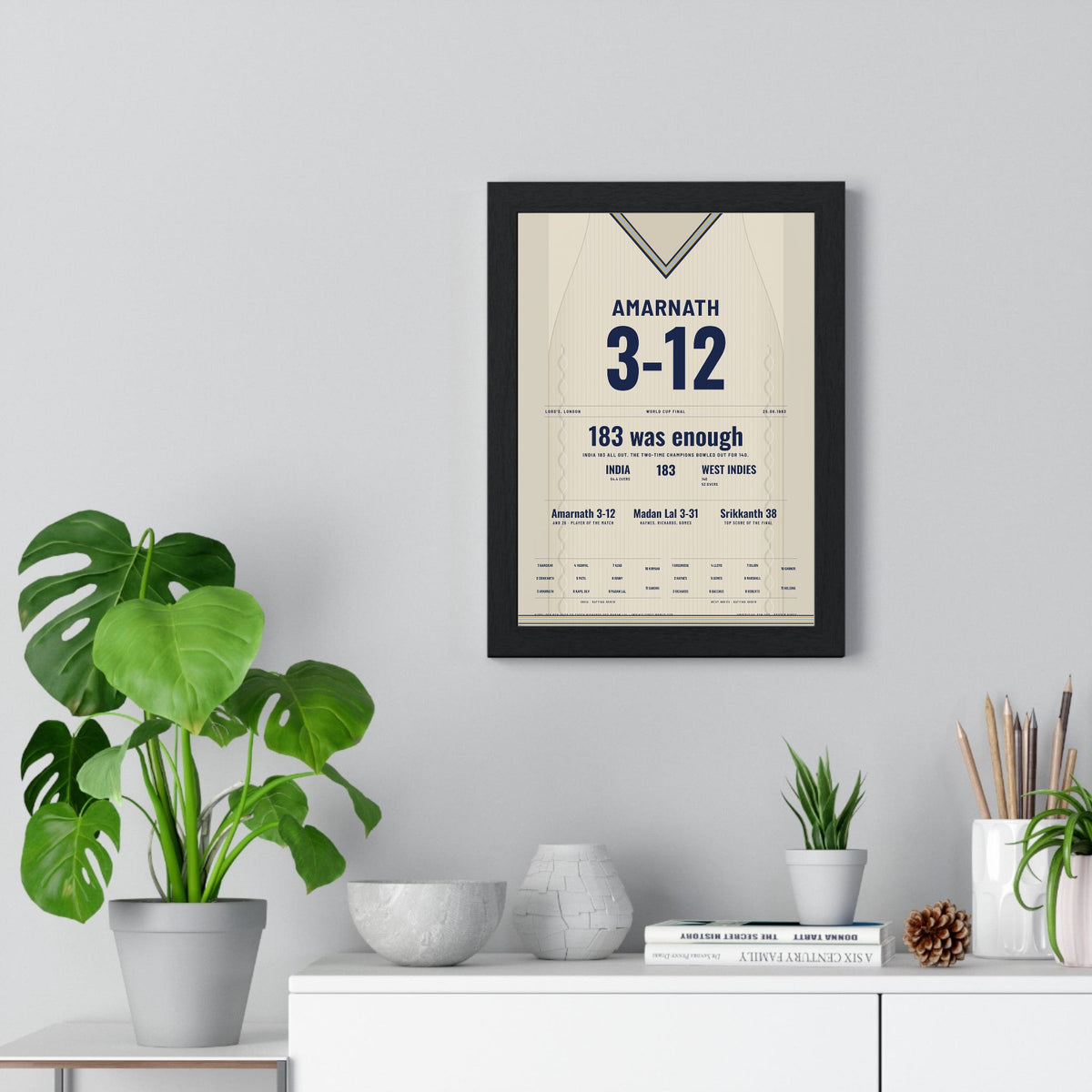 Mohinder Amarnath Lord's 1983 Cricket World Cup Final Poster - 3-12 Jumper Print framed on a living room wall