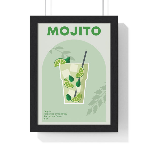 Mojito cocktail poster framed in black, featuring mint green minimalist design with lime and mint leaves