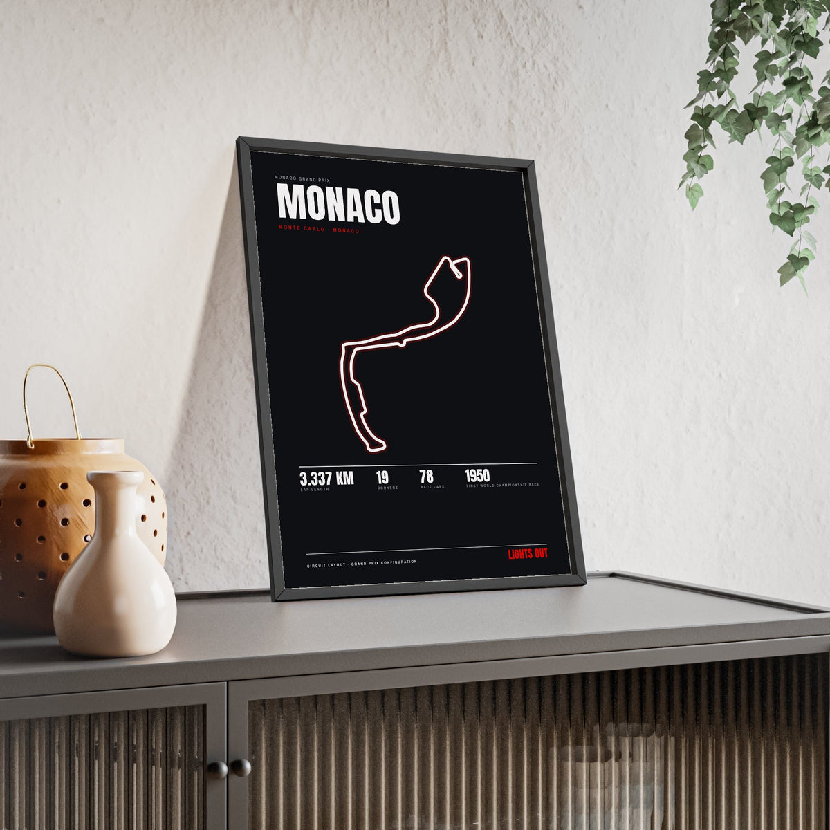 Monaco Circuit print framed and leaning on a sideboard