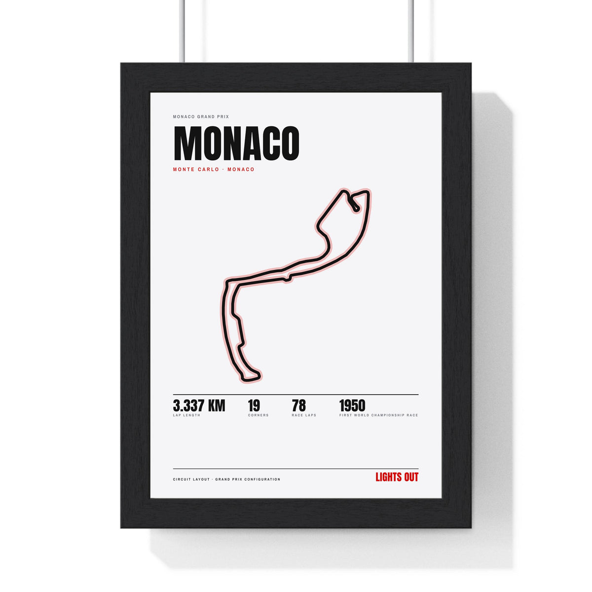 Monaco Circuit print White framed in a black frame, ready to hang