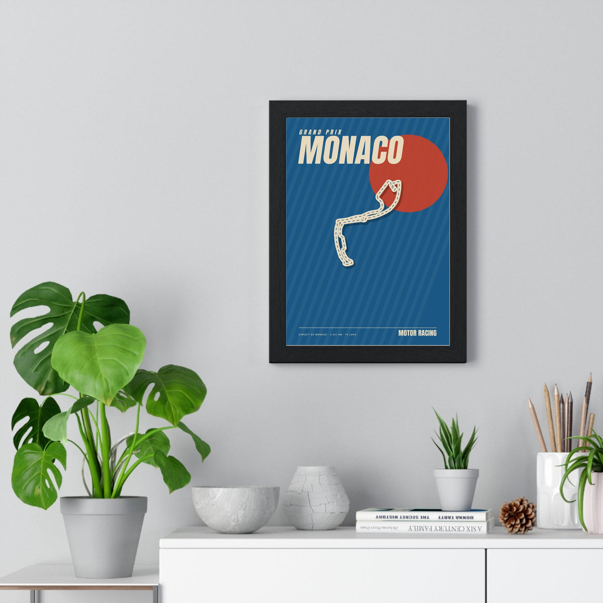 Monaco Grand Prix Retro print framed on a living room wall