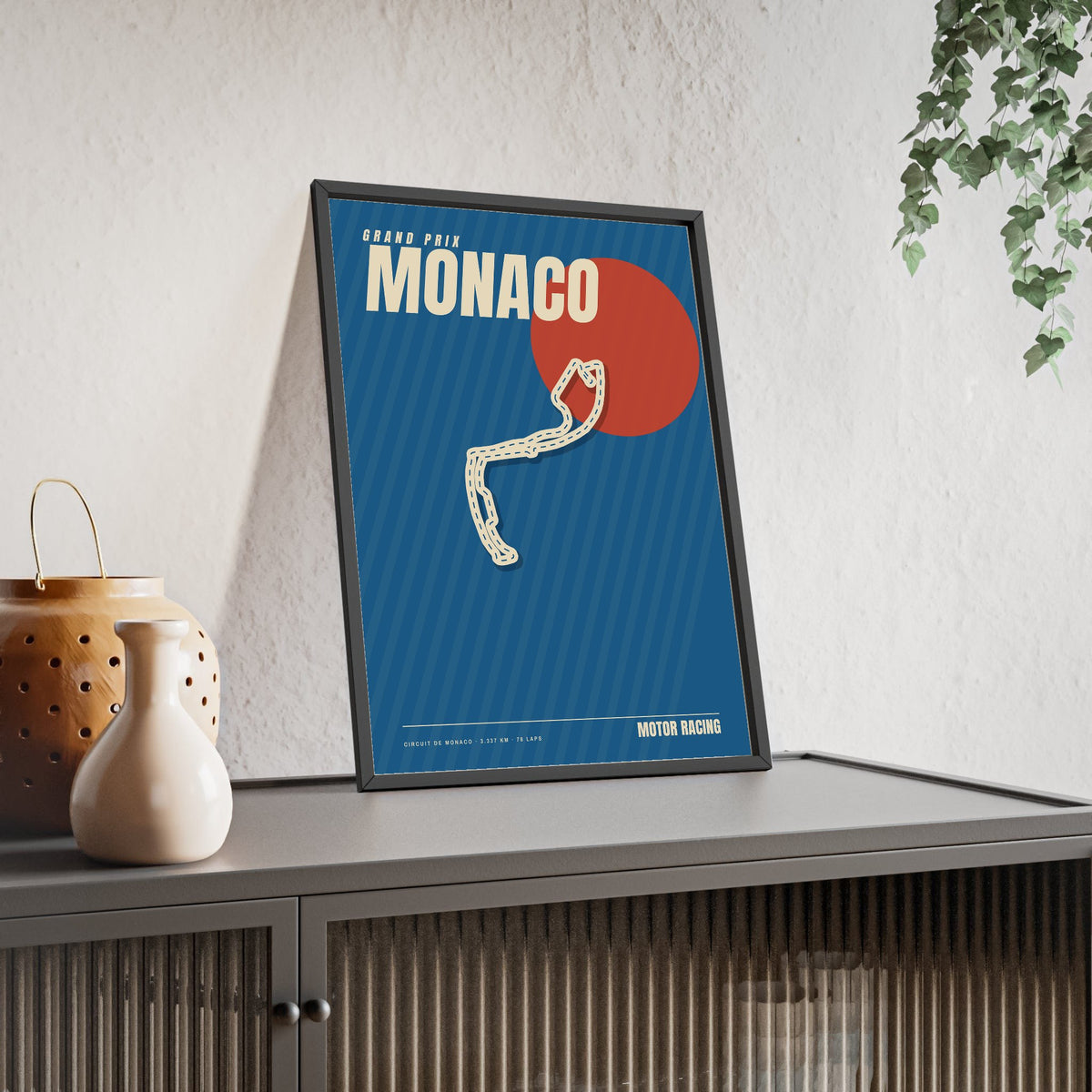 Monaco Grand Prix Retro print framed and leaning on a sideboard