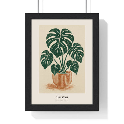 Monstera Lino Print framed in a black frame, ready to hang