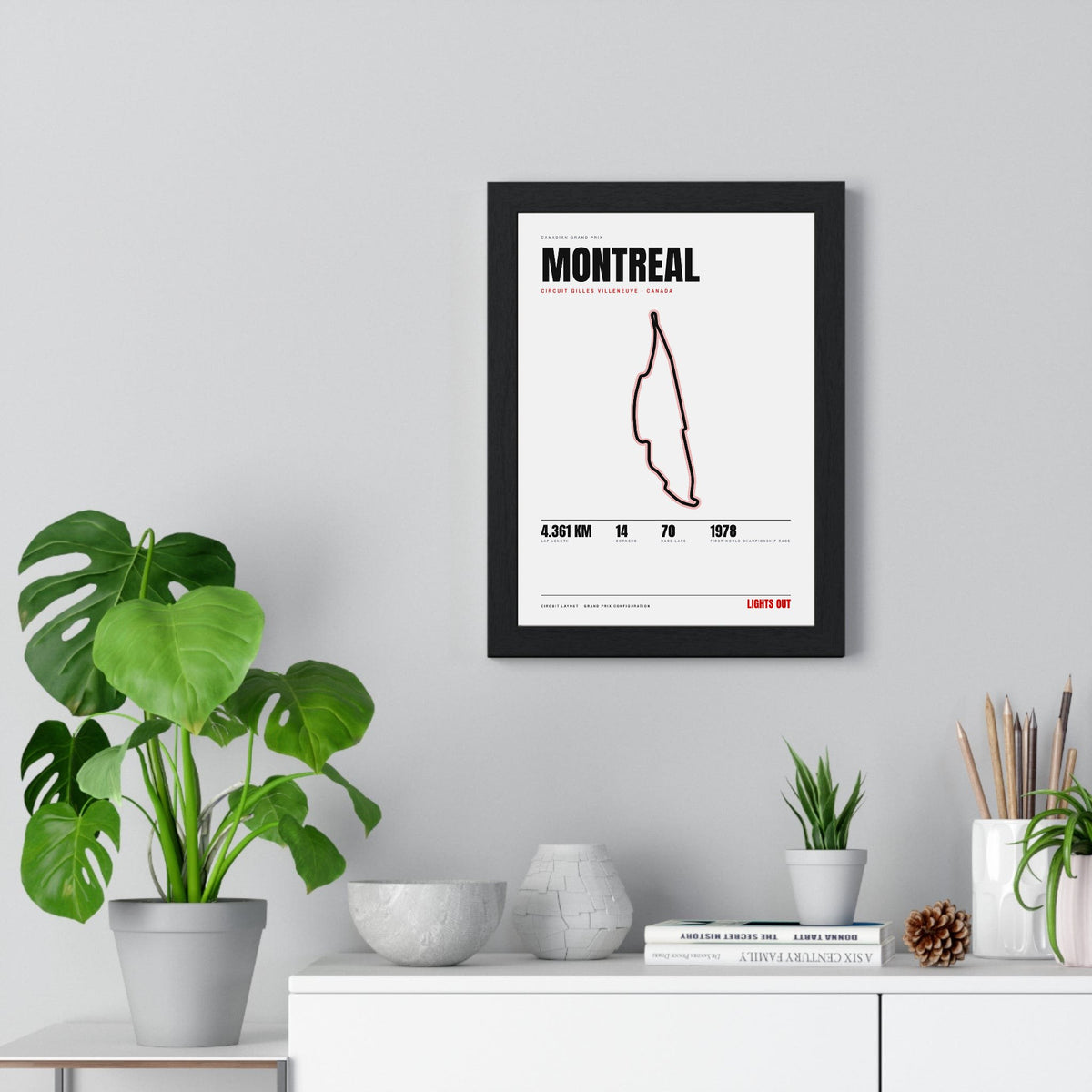 Montreal Circuit print White framed on a living room wall