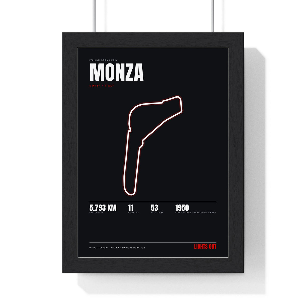 Monza Circuit print framed in a black frame, ready to hang