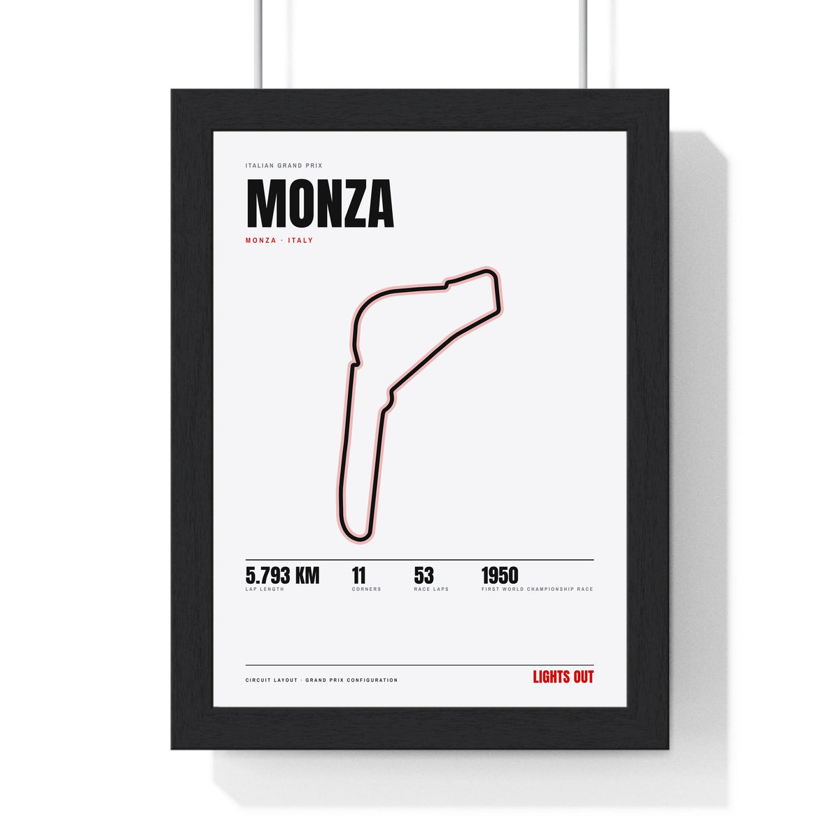 Monza Circuit print White framed in a black frame, ready to hang