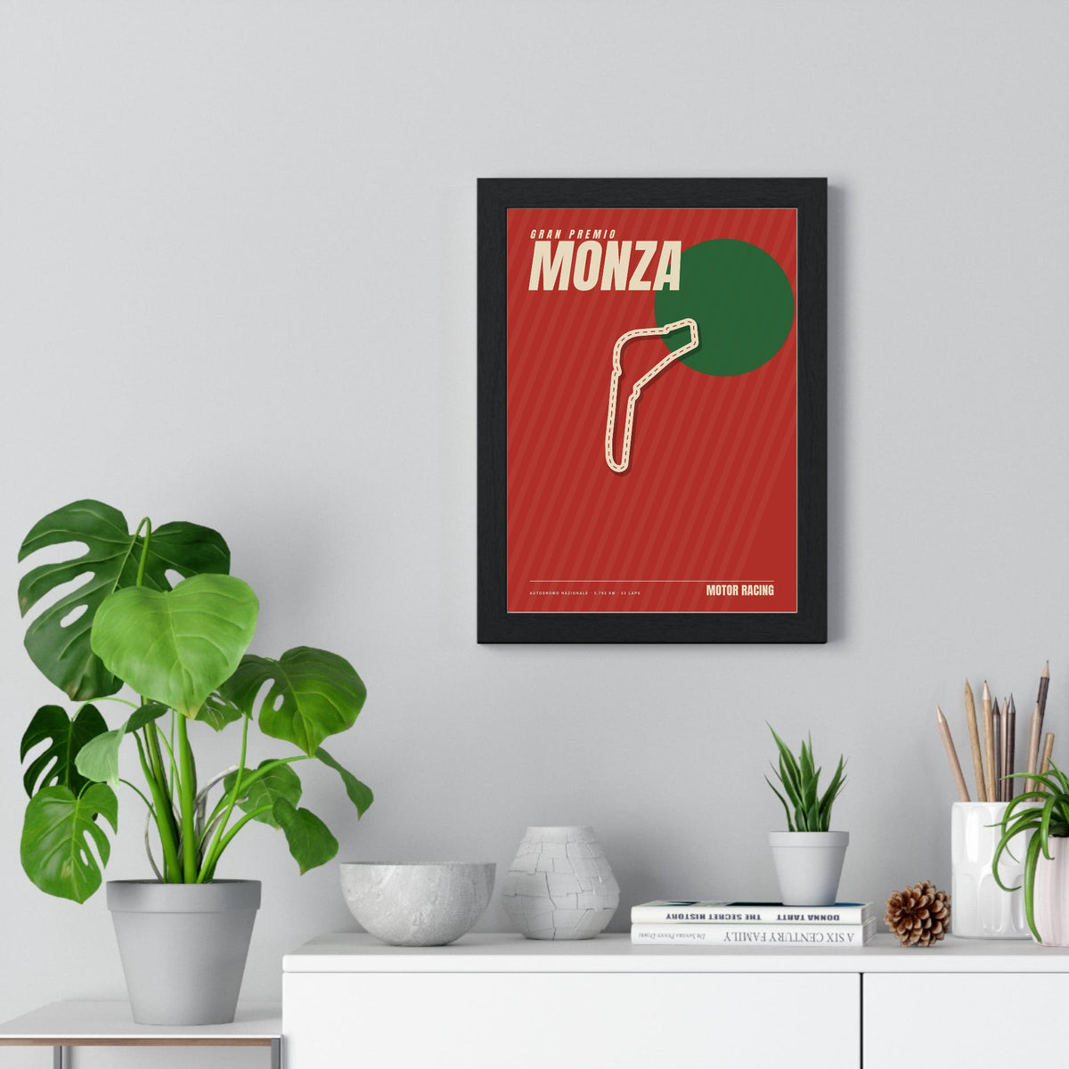 Monza Retro Grand Prix print framed on a living room wall