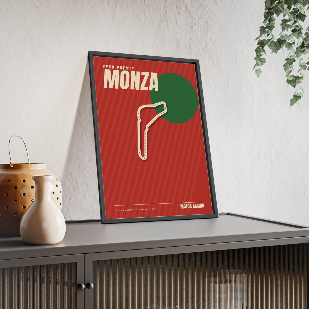 Monza Retro Grand Prix print framed and leaning on a sideboard