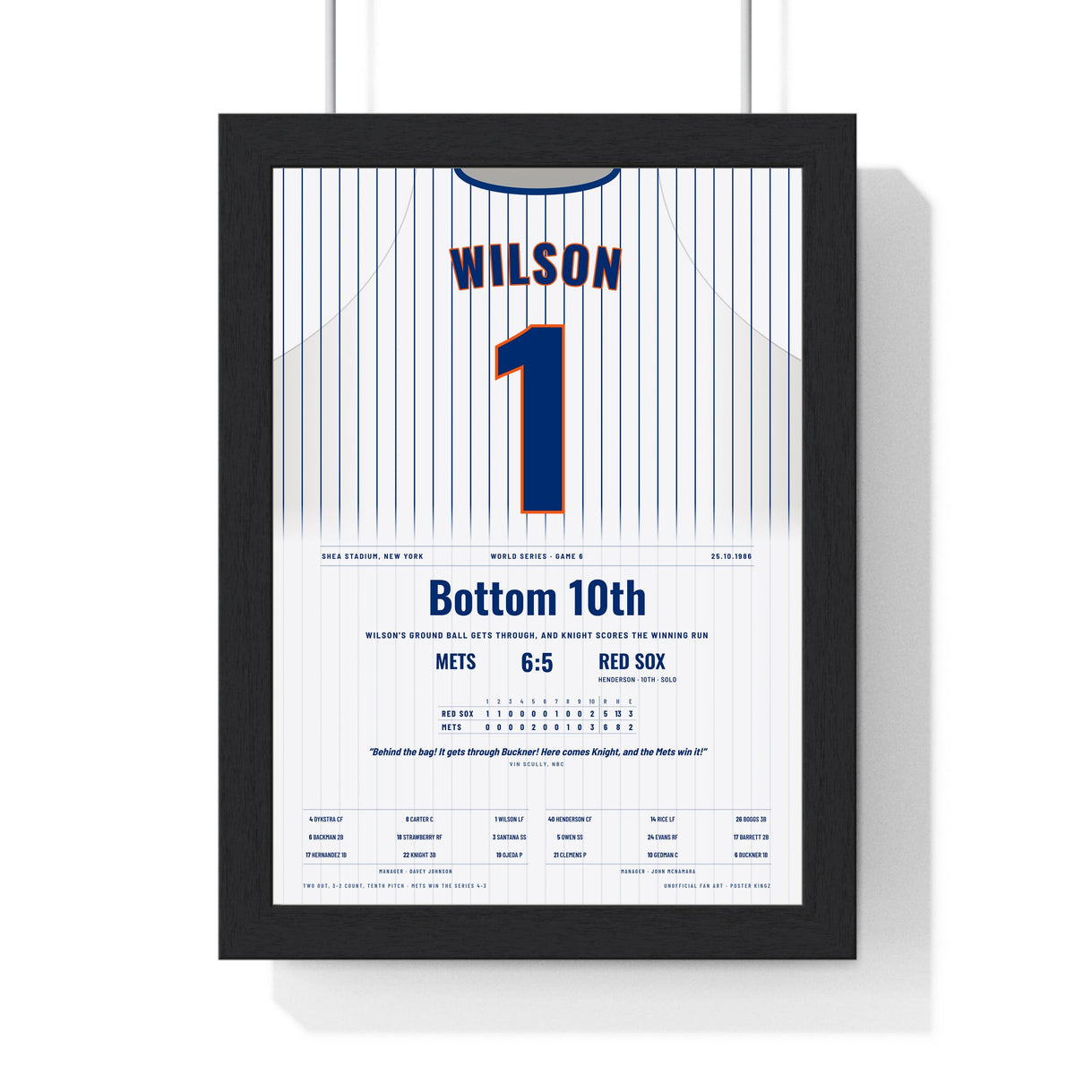 Mookie Wilson 1986 World Series Game 6 Poster - New York Mets 1 Jersey Print framed in a black frame, ready to hang