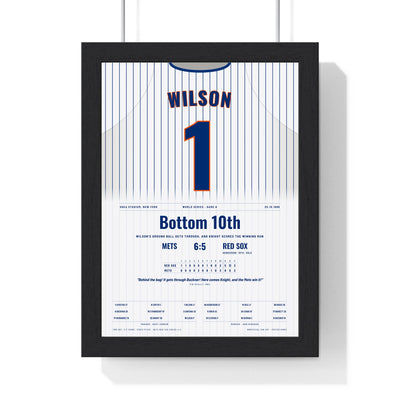 Mookie Wilson 1986 World Series Game 6 Poster - New York Mets 1 Jersey Print framed in a black frame, ready to hang