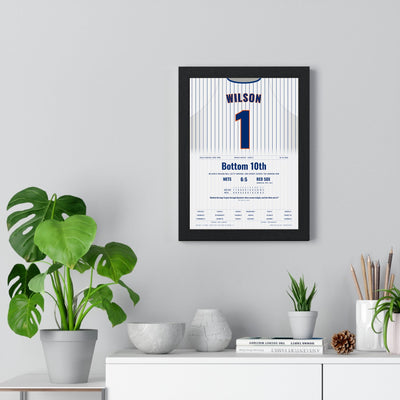 Mookie Wilson 1986 World Series Game 6 Poster - New York Mets 1 Jersey Print framed on a living room wall