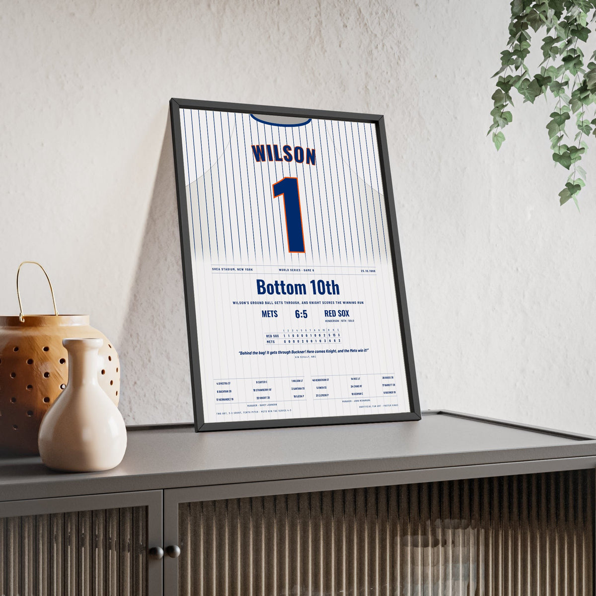 Mookie Wilson 1986 World Series Game 6 Poster - New York Mets 1 Jersey Print framed and leaning on a sideboard