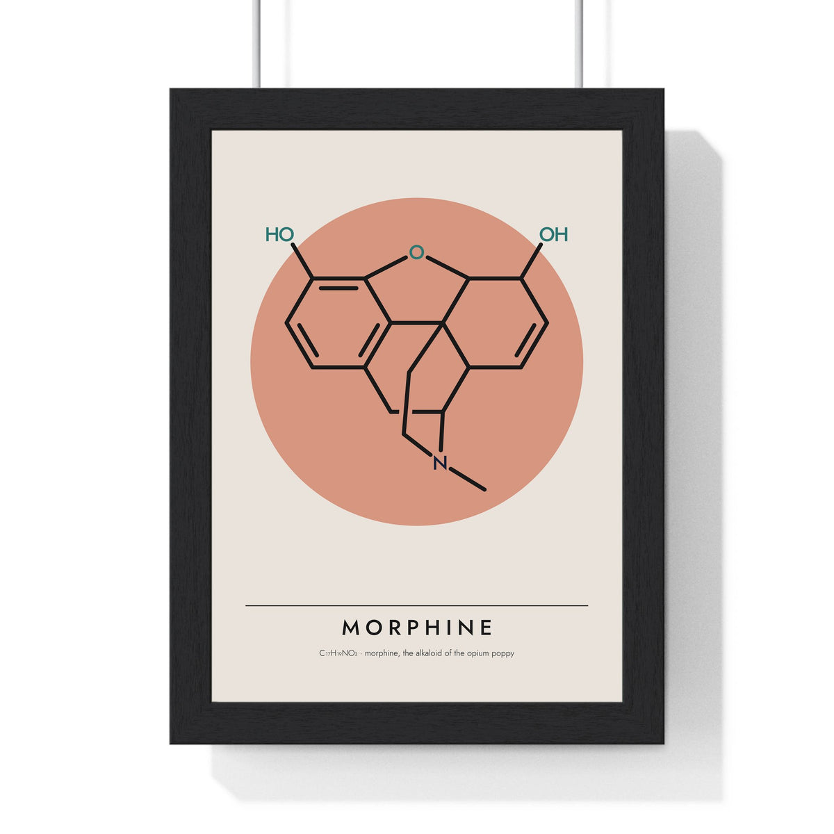 Morphine Molecule print framed in a black frame, ready to hang