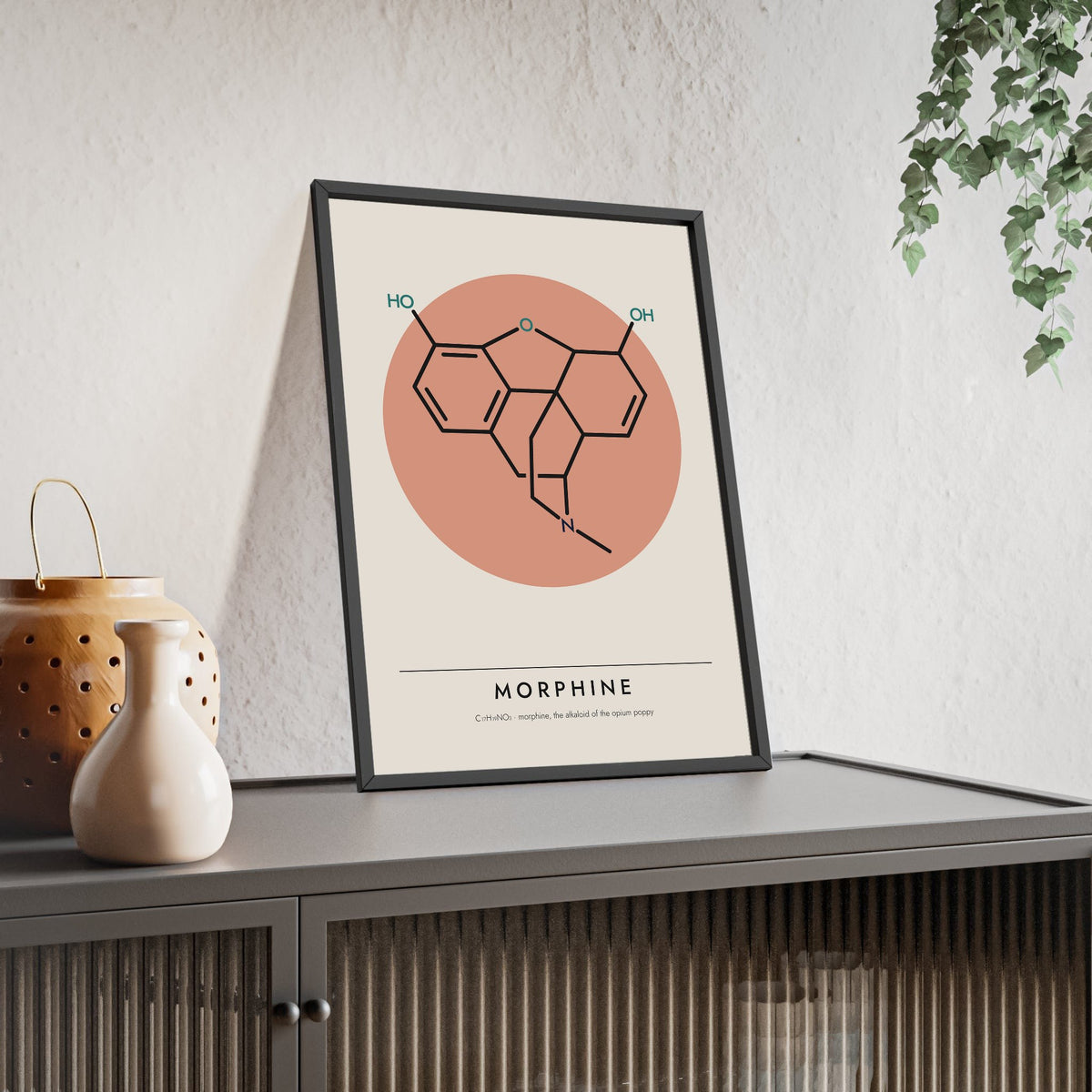 Morphine Molecule print framed and leaning on a sideboard