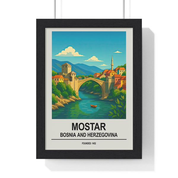 Framed Mostar travel poster showing Stari Most bridge and Old Town Bosnia wall art