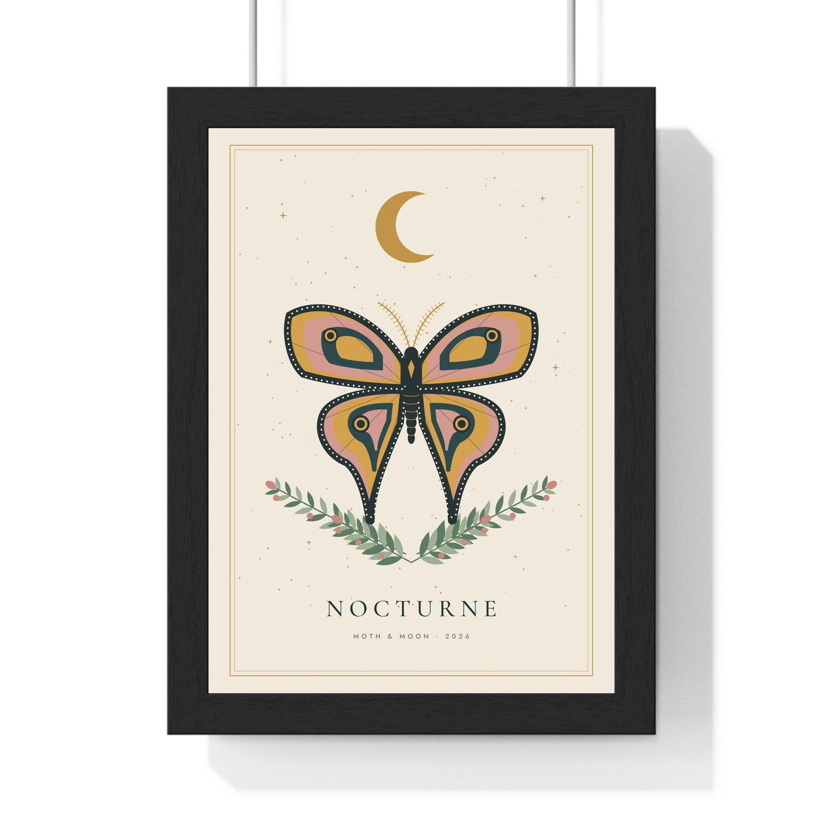 Moth and Moon Print - framed moth and moon print on parchment with a gold crescent