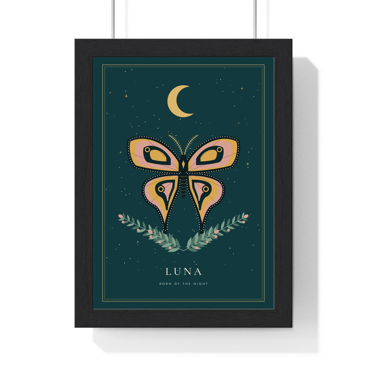 Moth and Moon Print - framed deep teal version titled Luna