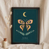 Moth and Moon Print - deep teal moth and moon print leaning on a shelf