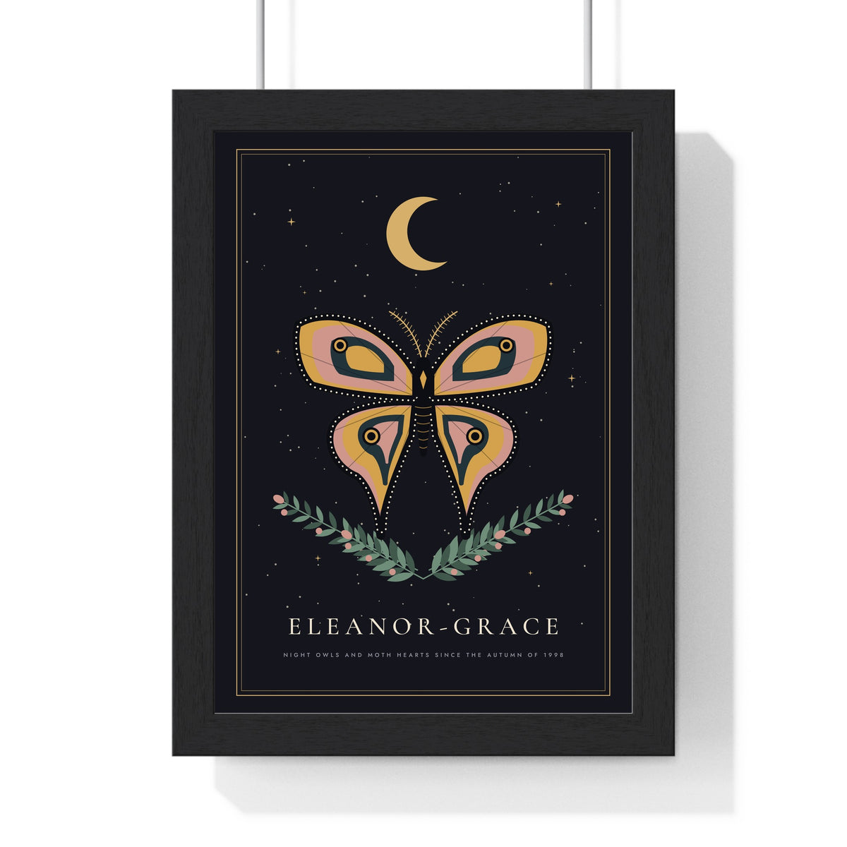 Moth and Moon Print - framed ink black version with a long name