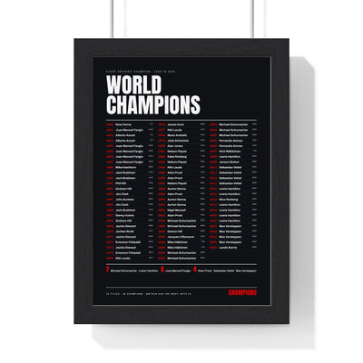 World Champions 1950–2025 print framed in a black frame, ready to hang