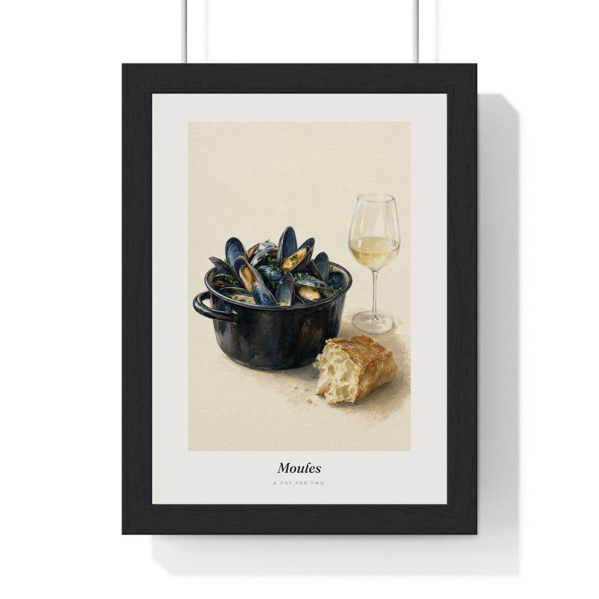 Moules Mussels Print framed in a black frame, ready to hang
