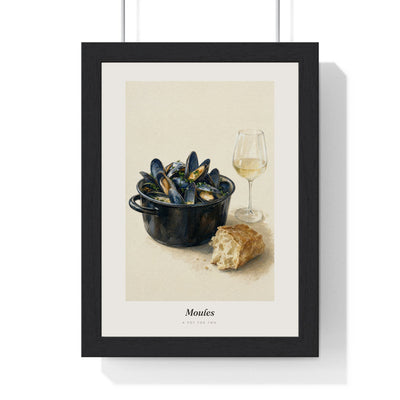 Moules Mussels Print framed in a black frame, ready to hang
