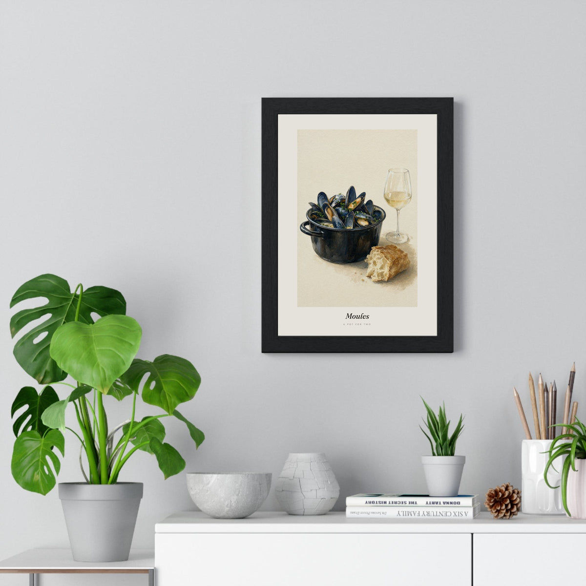 Moules Mussels Print framed on a living room wall