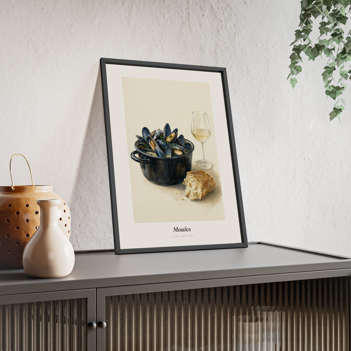 Moules Mussels Print framed and leaning on a sideboard