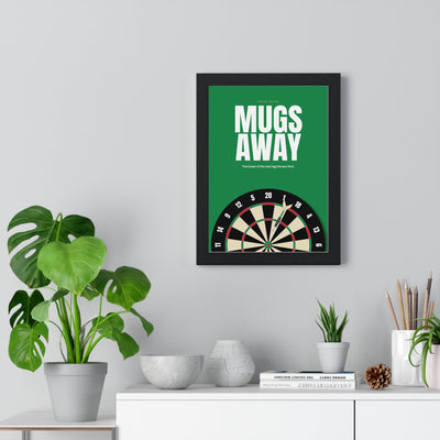 Mugs Away Darts print framed on a living room wall