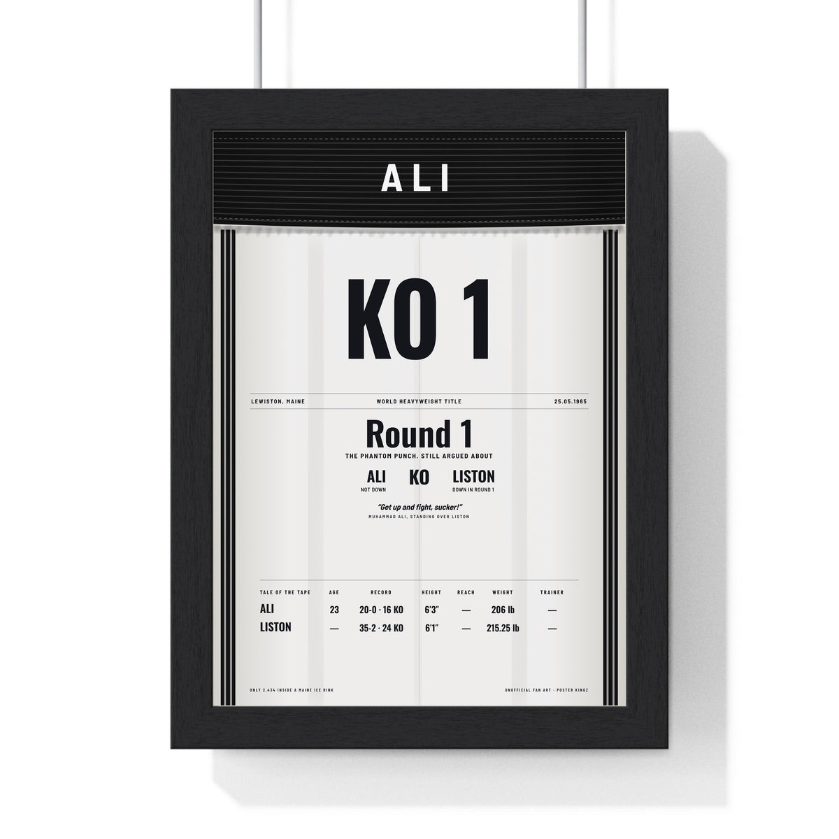 Ali v Liston 1965 Boxing Poster framed in a black frame, ready to hang