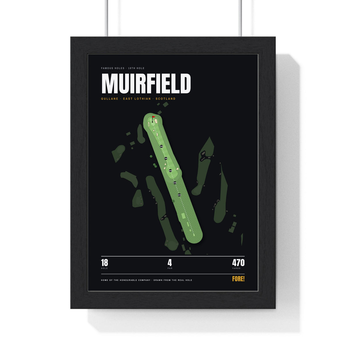 Muirfield 18th Hole print framed in a black frame, ready to hang