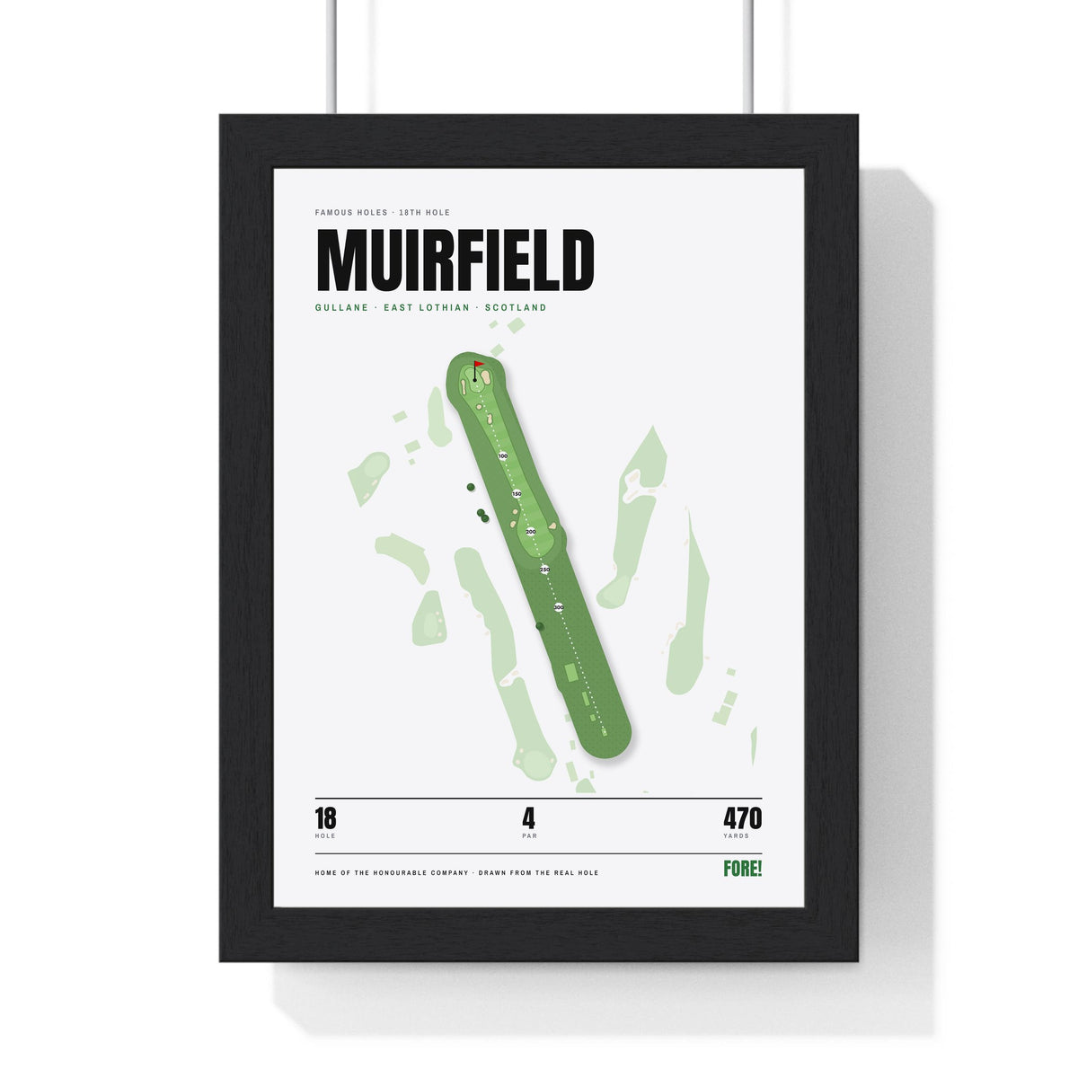Muirfield 18th Hole White print framed in a black frame, ready to hang