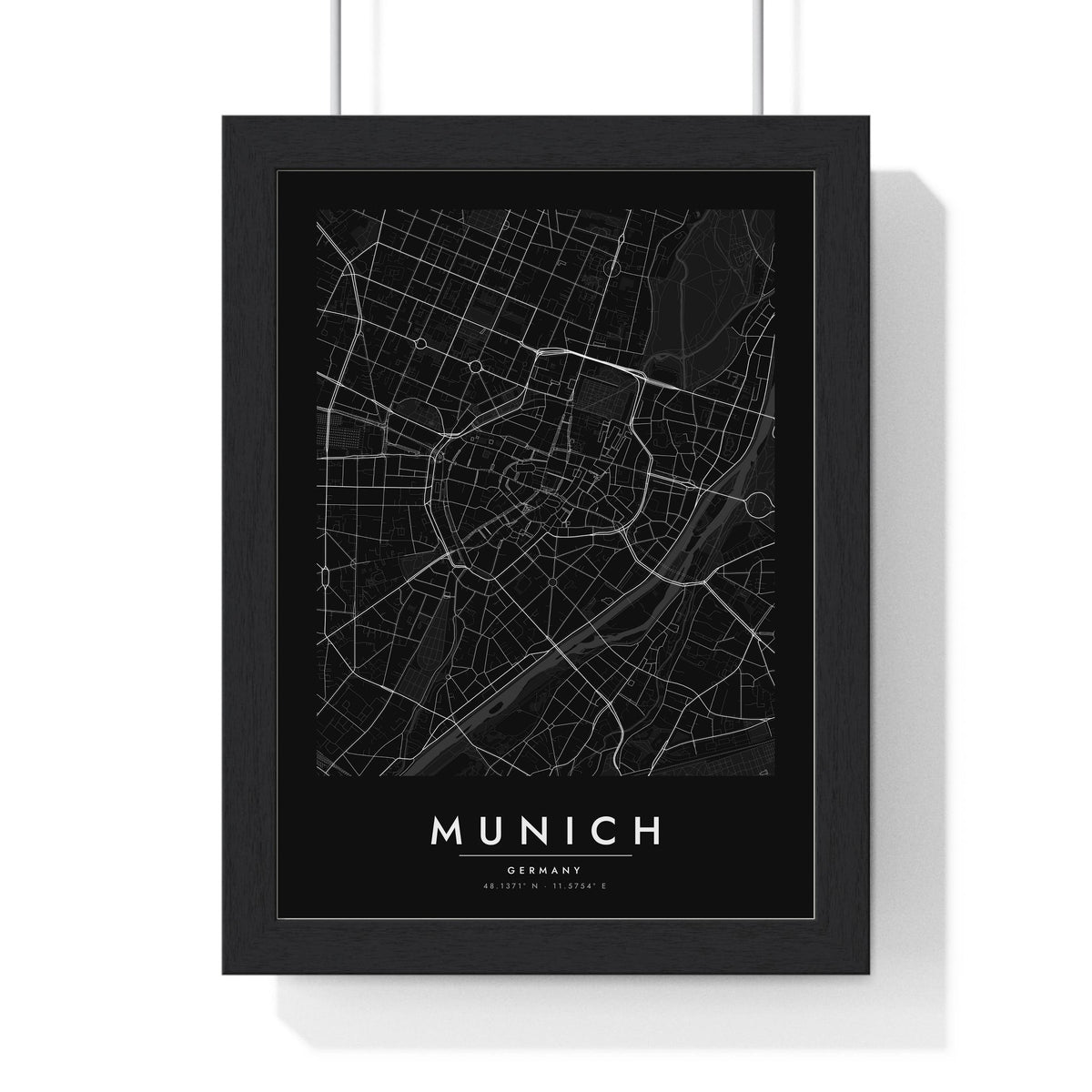 Munich street map poster in black, minimal city map print framed in a black frame