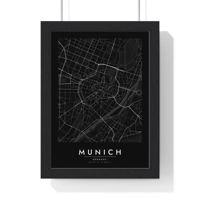 Munich street map poster in black, minimal city map print framed in a black frame