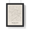 Munich street map poster in cream, minimal city map print framed in a black frame