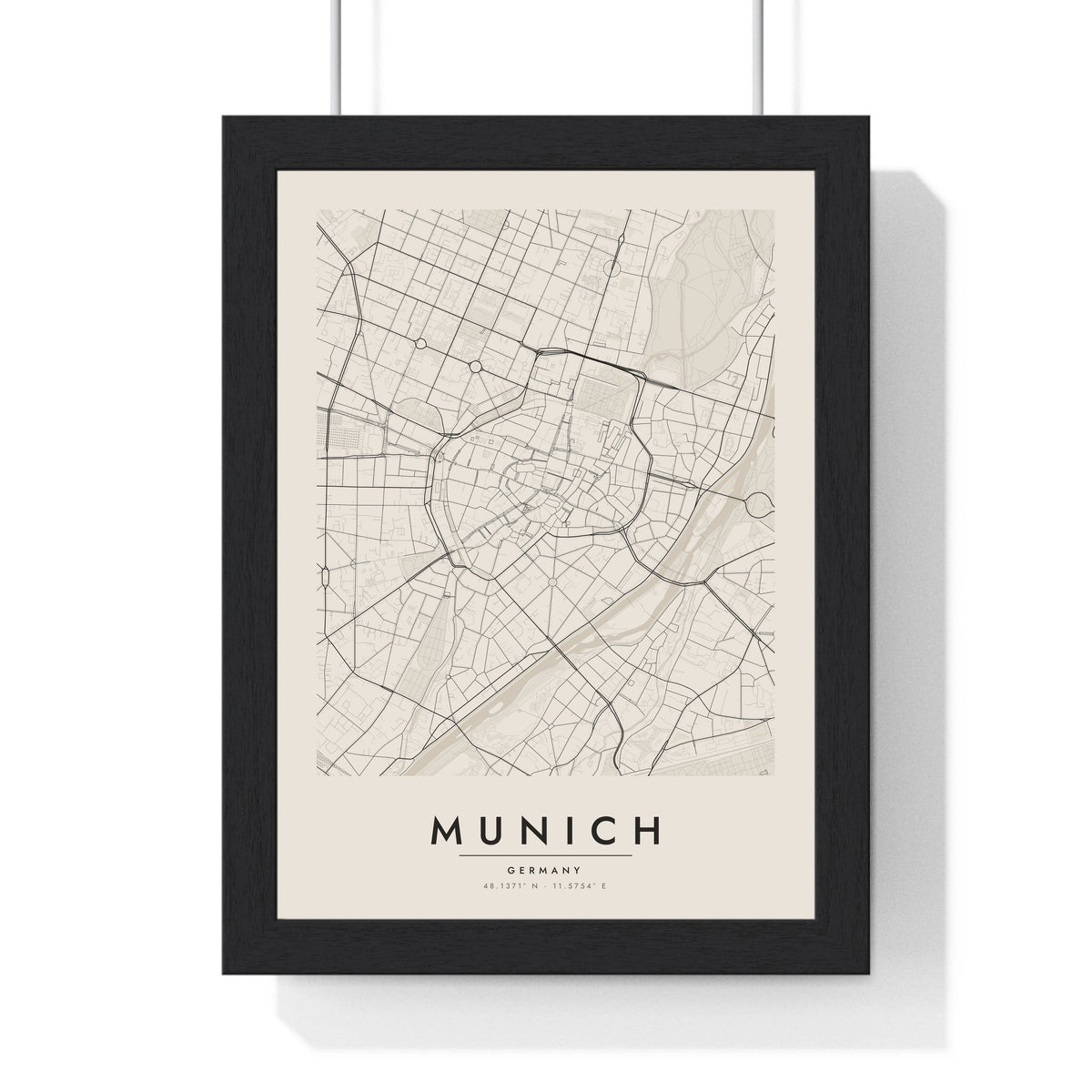 Munich street map poster in cream, minimal city map print framed in a black frame