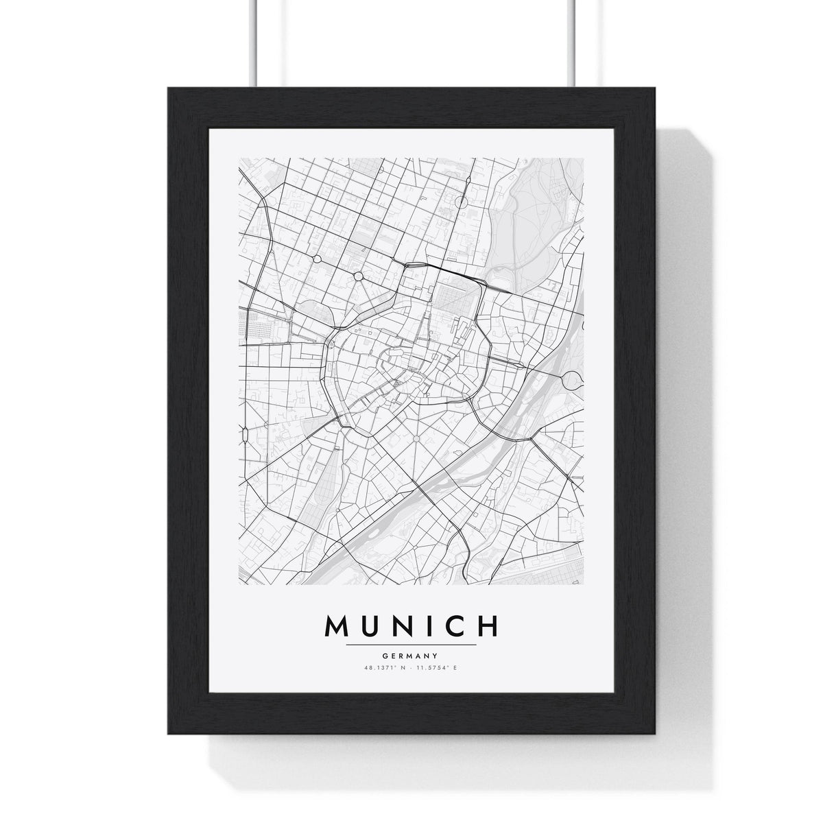 Munich street map poster in white, minimal city map print framed in a black frame