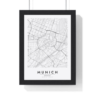 Munich street map poster in white, minimal city map print framed in a black frame