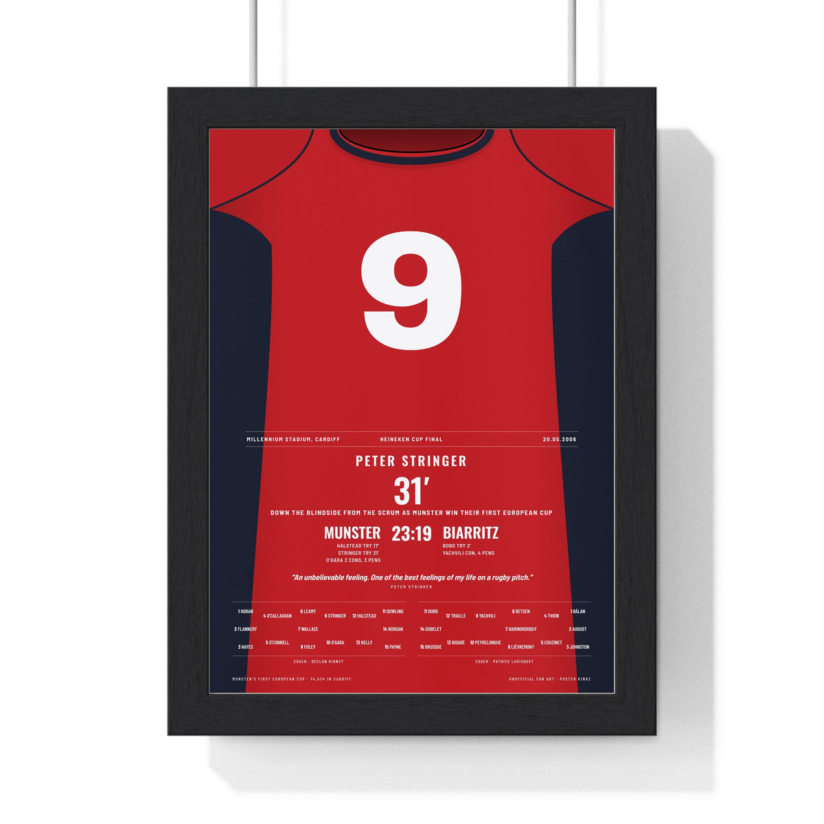 Munster Heineken Cup Final 2006 Poster - Peter Stringer 9 Try v Biarritz Rugby Print framed in a black frame, ready to hang