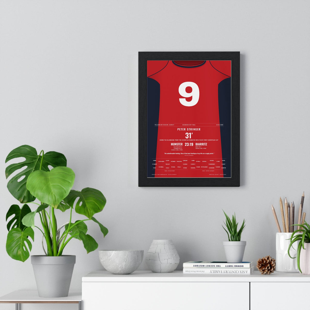 Munster Heineken Cup Final 2006 Poster - Peter Stringer 9 Try v Biarritz Rugby Print framed on a living room wall