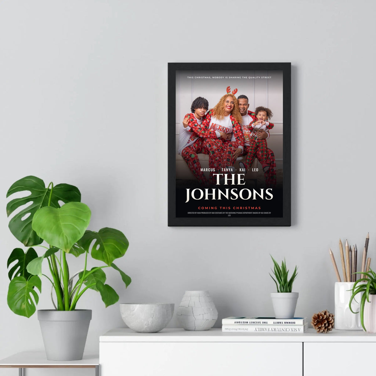 Personalised Family Movie Poster - festive Christmas pyjamas movie poster on the wall