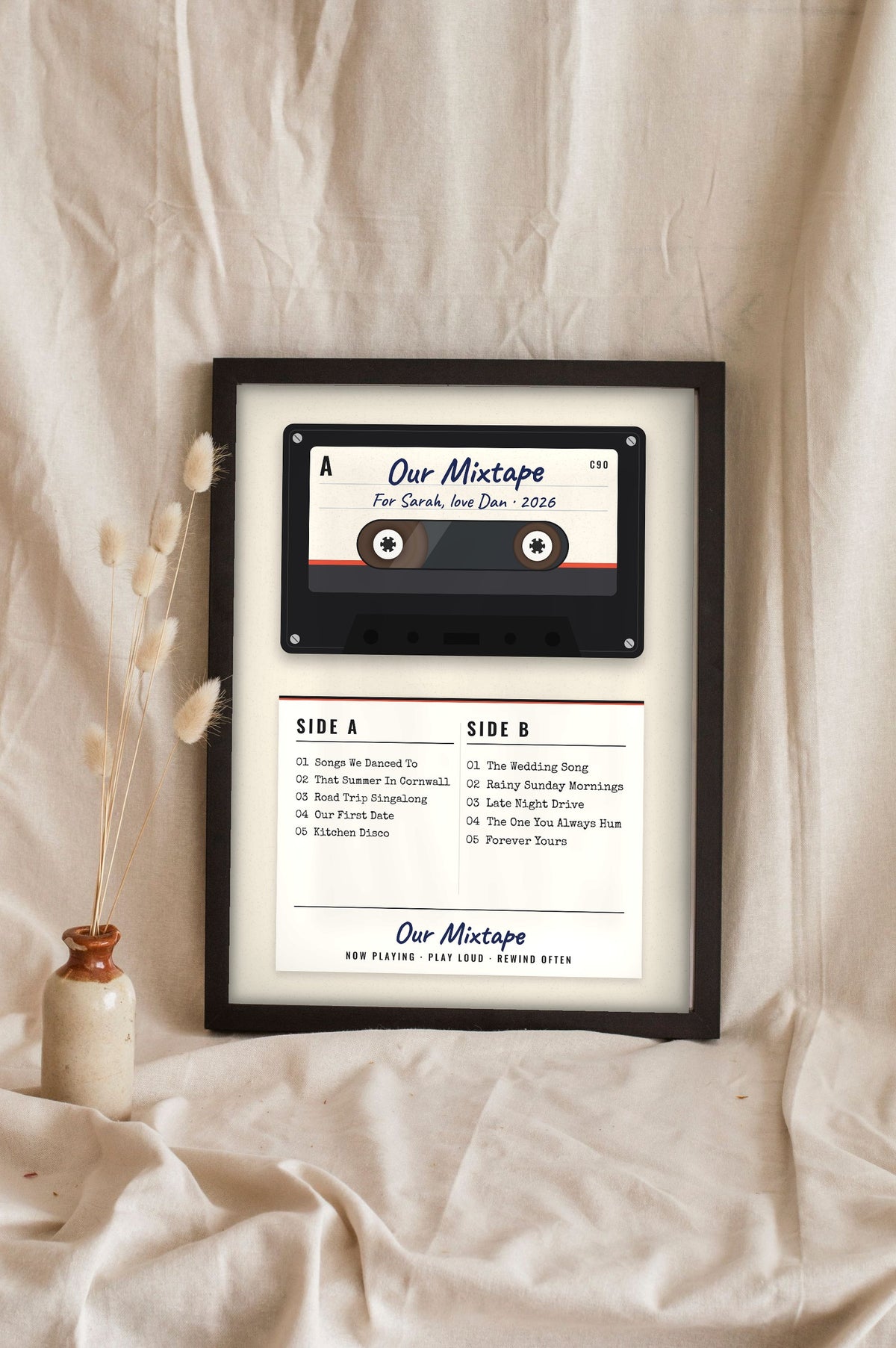 Personalised Mixtape Print - Lifestyle - leaning in a frame with dried flowers