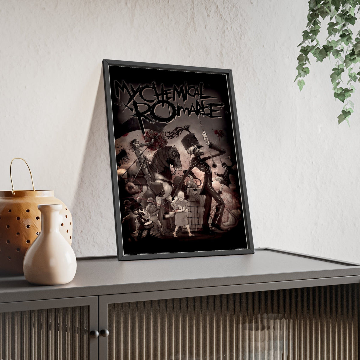 My Chemical Romance The Black Parade Maxi Poster framed and leaning on a sideboard