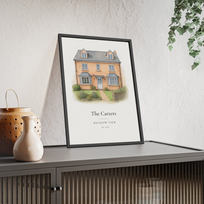 Watercolour house portrait print of a detached new build home, personalised with family name, framed on a sideboard