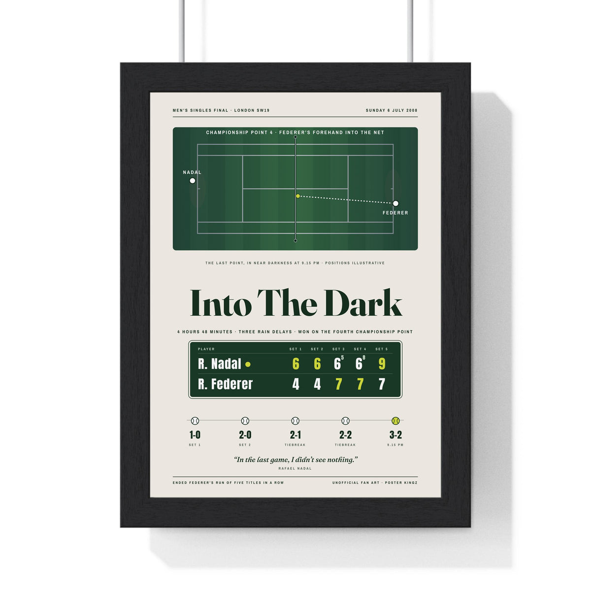 Into The Dark 2008 Tennis print framed in a black frame, ready to hang