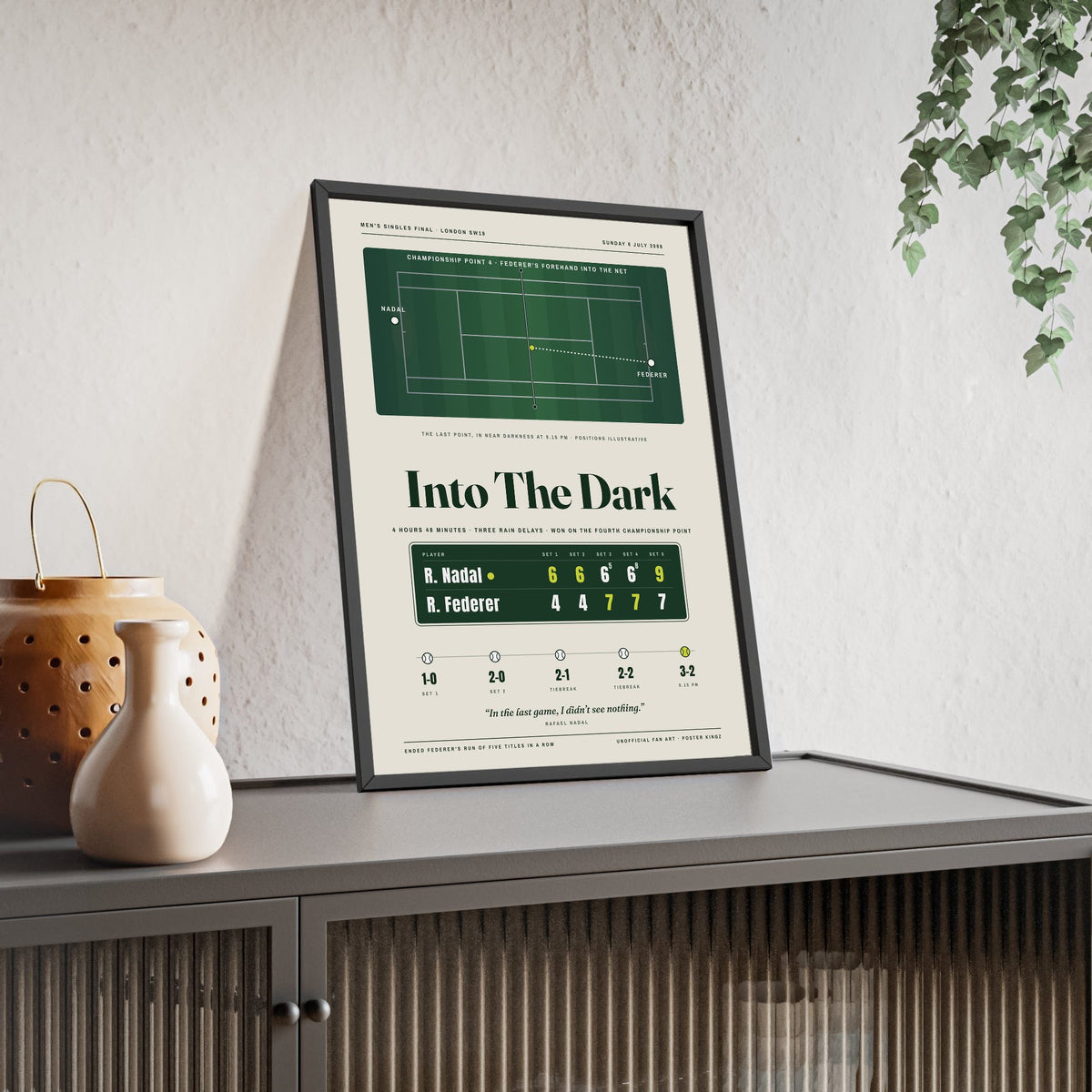 Into The Dark 2008 Tennis print framed and leaning on a sideboard