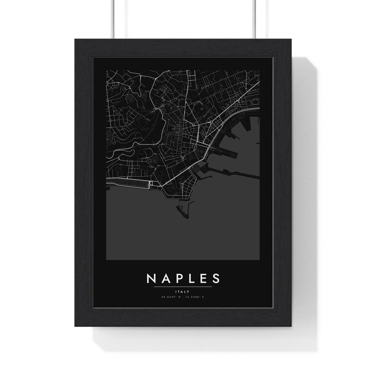 Naples street map poster in black, minimal city map print framed in a black frame