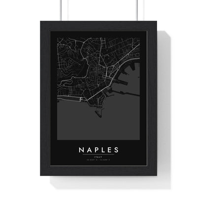 Naples street map poster in black, minimal city map print framed in a black frame